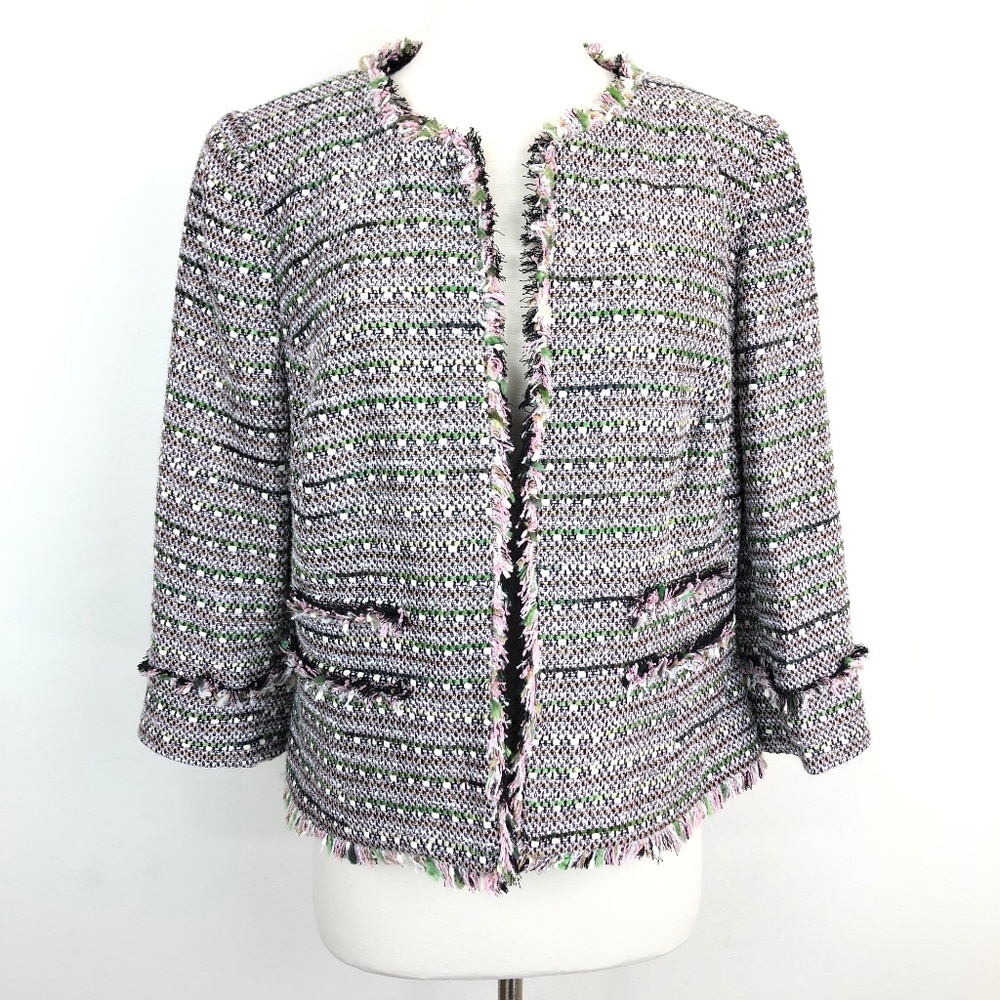 Boden Multicolor Tweed Fringe Jacket — Pink, Green, Black, White